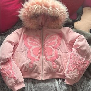 Dolls Kill Pink Butterfly Jacket with Fur Hood